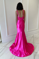 Fuchsia Mermaid Plunging V Neck Satin Mermaid Long Prom Dress